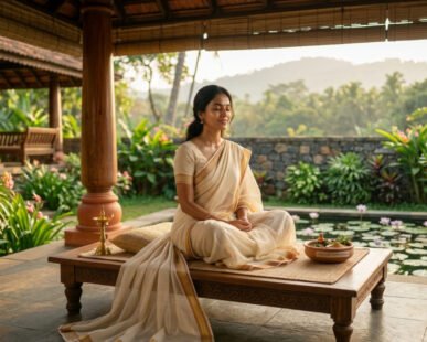 A serene woman with glowing skin reflecting the benefits of Ayurvedic Vayasthapana treatment at drsrvaid.com.