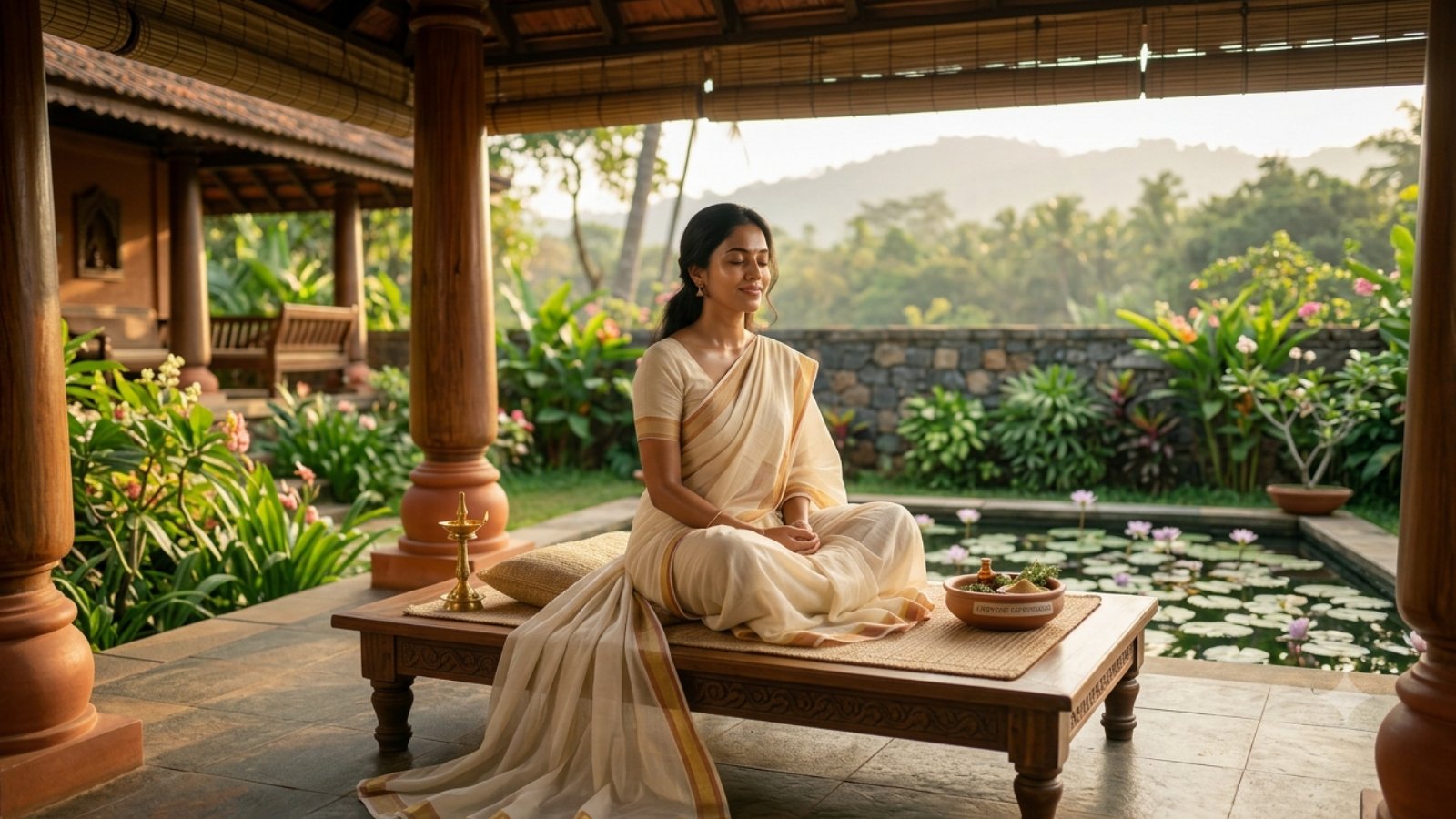 A serene woman with glowing skin reflecting the benefits of Ayurvedic Vayasthapana treatment at drsrvaid.com.